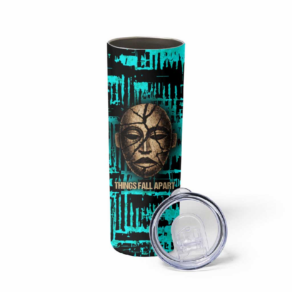 Chinua Achebe Skinny Tumbler with Tribal Mask Design, Things Fall Apart Quote and Teal Abstract - African Pride