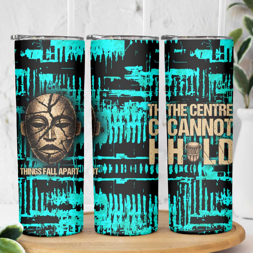 Chinua Achebe Skinny Tumbler with Tribal Mask Design, Things Fall Apart Quote and Teal Abstract - African Pride