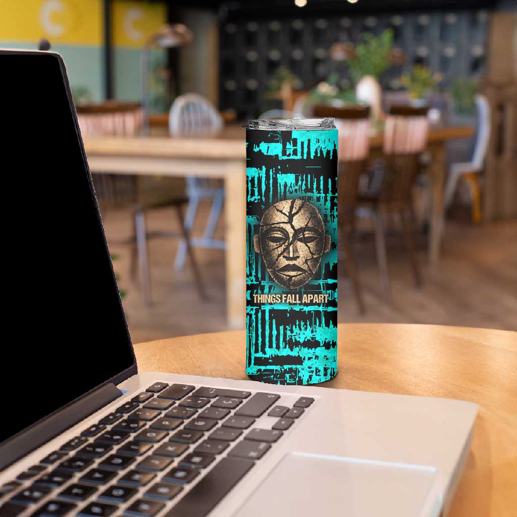 Chinua Achebe Skinny Tumbler with Tribal Mask Design, Things Fall Apart Quote and Teal Abstract - African Pride