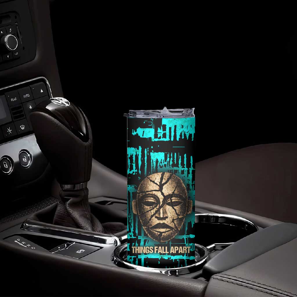 Chinua Achebe Skinny Tumbler with Tribal Mask Design, Things Fall Apart Quote and Teal Abstract - African Pride