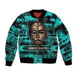 Chinua Achebe Sleeve Zip Bomber Jacket with Tribal Mask Design, Things Fall Apart Quote and Teal Abstract - African Pride