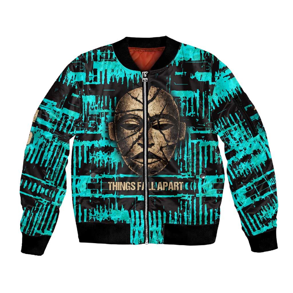 Chinua Achebe Sleeve Zip Bomber Jacket with Tribal Mask Design, Things Fall Apart Quote and Teal Abstract - African Pride