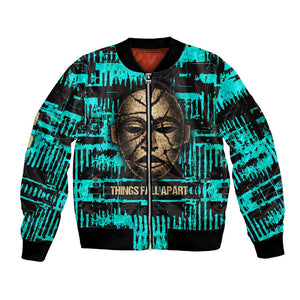 Chinua Achebe Sleeve Zip Bomber Jacket with Tribal Mask Design, Things Fall Apart Quote and Teal Abstract - African Pride