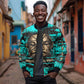 Chinua Achebe Sleeve Zip Bomber Jacket with Tribal Mask Design, Things Fall Apart Quote and Teal Abstract - African Pride