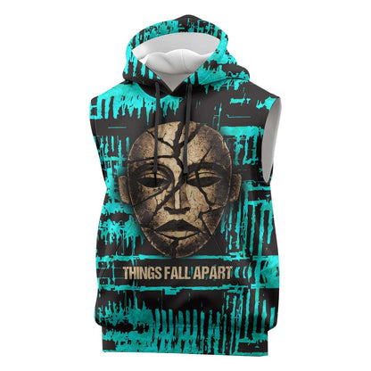 Chinua Achebe Sleeveless Hoodie with Tribal Mask Design, Things Fall Apart Quote and Teal Abstract - African Pride