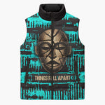 Chinua Achebe Sleeveless Puffer Jacket with Tribal Mask Design, Things Fall Apart Quote and Teal Abstract - African Pride