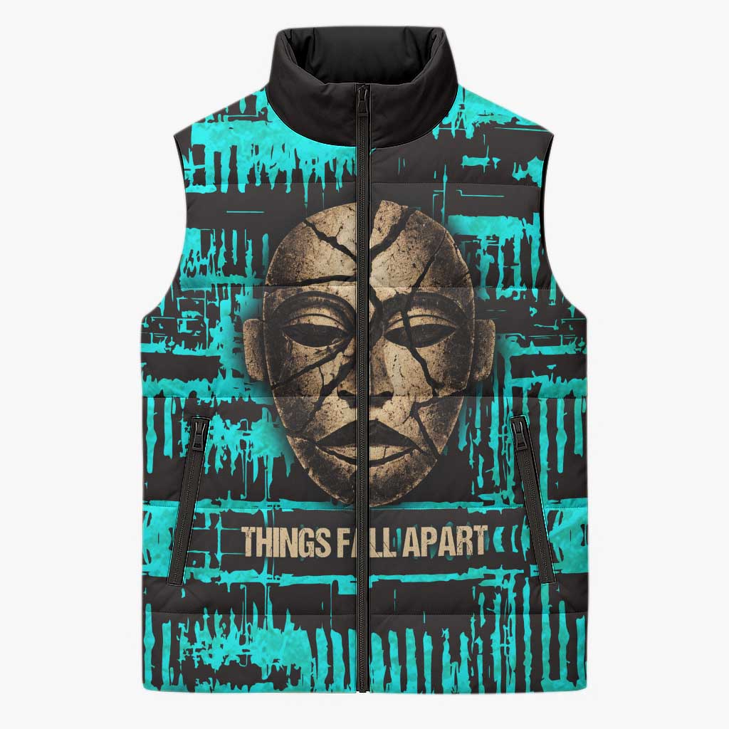 Chinua Achebe Sleeveless Puffer Jacket with Tribal Mask Design, Things Fall Apart Quote and Teal Abstract - African Pride