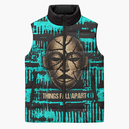 Chinua Achebe Sleeveless Puffer Jacket with Tribal Mask Design, Things Fall Apart Quote and Teal Abstract - African Pride