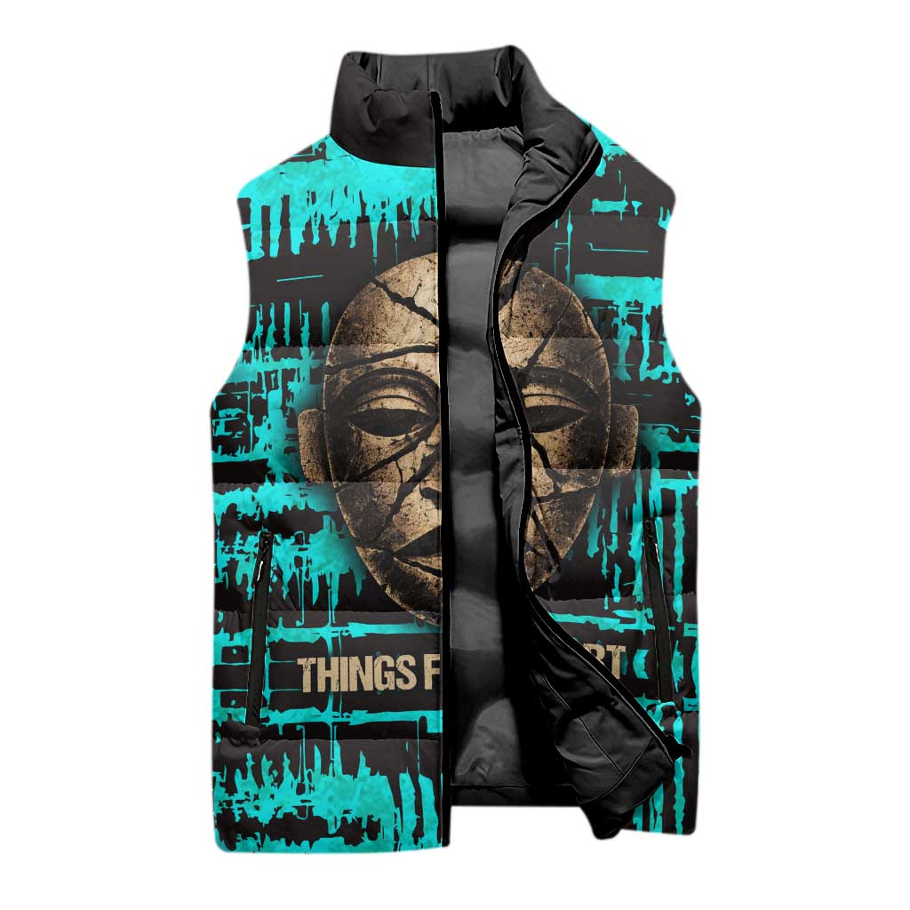 Chinua Achebe Sleeveless Puffer Jacket with Tribal Mask Design, Things Fall Apart Quote and Teal Abstract - African Pride