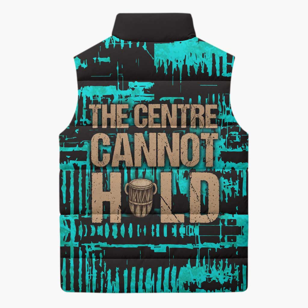 Chinua Achebe Sleeveless Puffer Jacket with Tribal Mask Design, Things Fall Apart Quote and Teal Abstract - African Pride