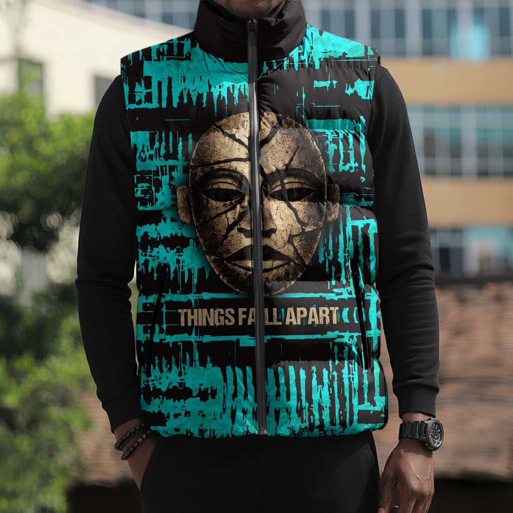 Chinua Achebe Sleeveless Puffer Jacket with Tribal Mask Design, Things Fall Apart Quote and Teal Abstract - African Pride