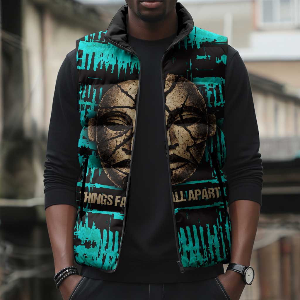 Chinua Achebe Sleeveless Puffer Jacket with Tribal Mask Design, Things Fall Apart Quote and Teal Abstract - African Pride