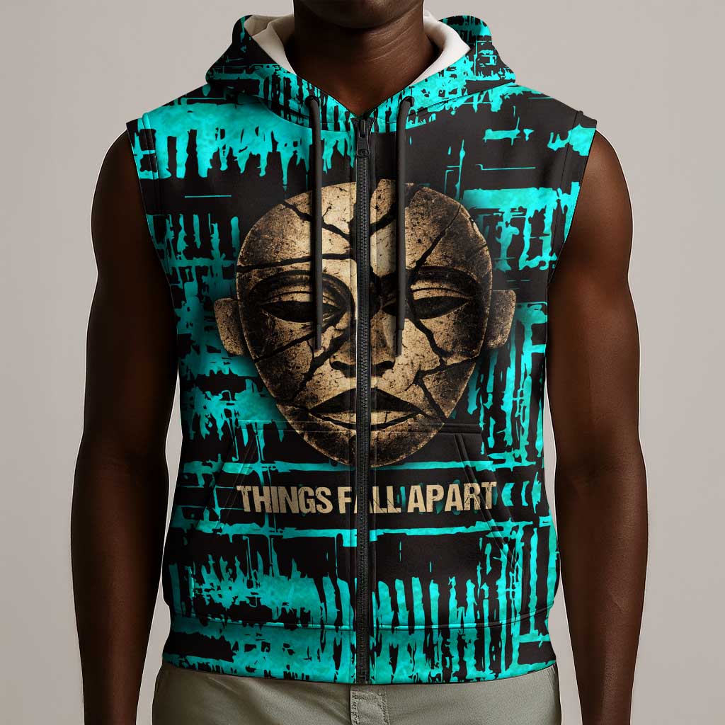 Chinua Achebe Sleeveless Zip Hoodie with Tribal Mask Design, Things Fall Apart Quote and Teal Abstract - African Pride