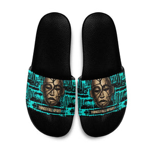 Chinua Achebe Slide Sandals with Tribal Mask Design, Things Fall Apart Quote and Teal Abstract - African Pride