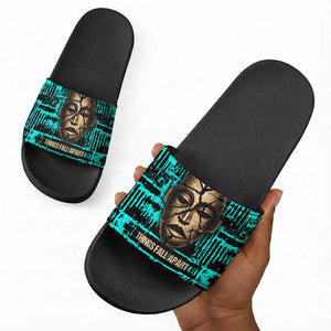 Chinua Achebe Slide Sandals with Tribal Mask Design, Things Fall Apart Quote and Teal Abstract - African Pride