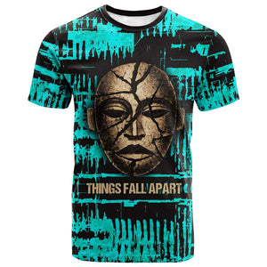 Chinua Achebe T shirt with Tribal Mask Design, Things Fall Apart Quote and Teal Abstract - African Pride