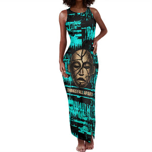 Chinua Achebe Tank Maxi Dress with Tribal Mask Design, Things Fall Apart Quote and Teal Abstract - African Pride