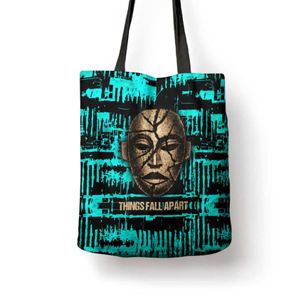 Chinua Achebe Tote Bag with Tribal Mask Design, Things Fall Apart Quote and Teal Abstract - African Pride