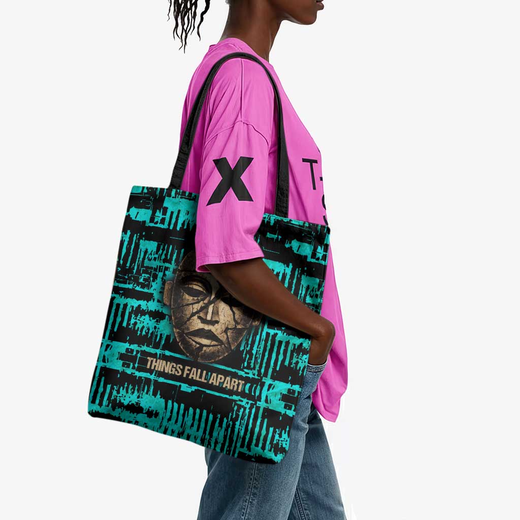 Chinua Achebe Tote Bag with Tribal Mask Design, Things Fall Apart Quote and Teal Abstract - African Pride