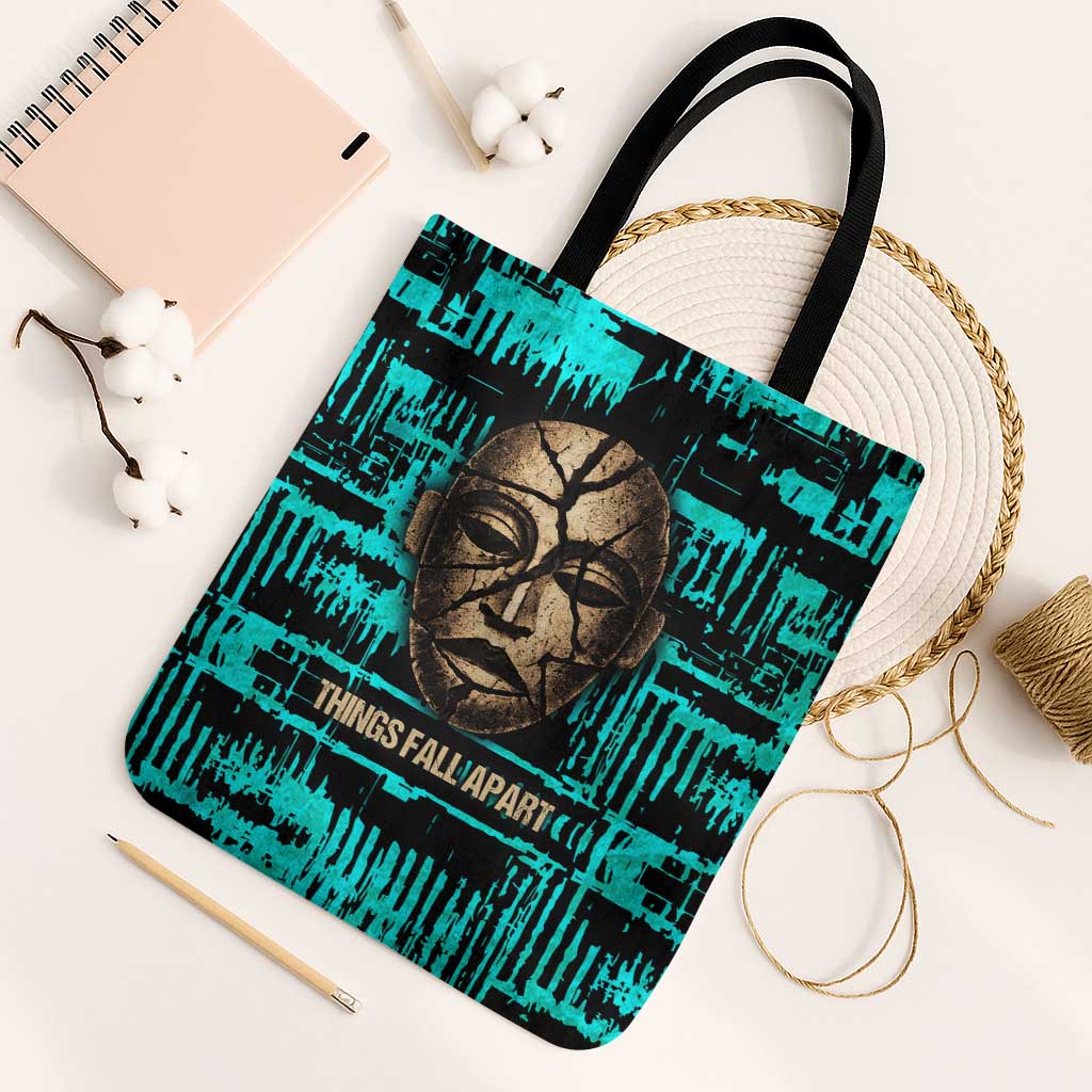 Chinua Achebe Tote Bag with Tribal Mask Design, Things Fall Apart Quote and Teal Abstract - African Pride