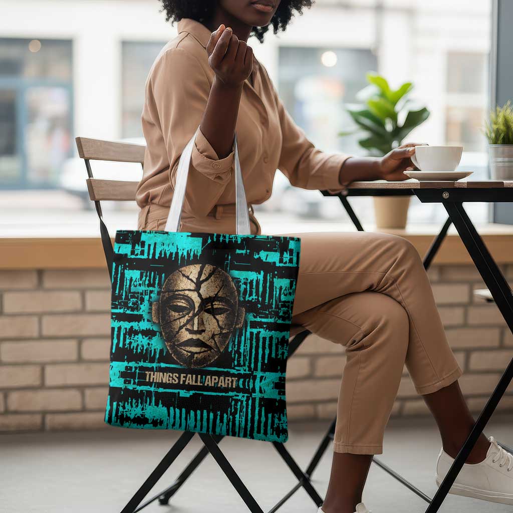 Chinua Achebe Tote Bag with Tribal Mask Design, Things Fall Apart Quote and Teal Abstract - African Pride