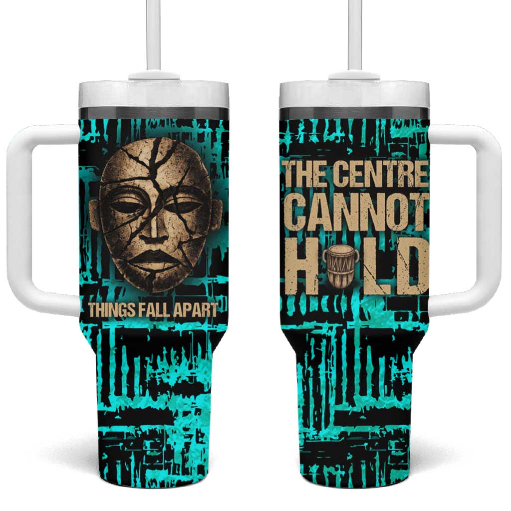 Chinua Achebe Tumbler With Handle with Tribal Mask Design, Things Fall Apart Quote and Teal Abstract - African Pride