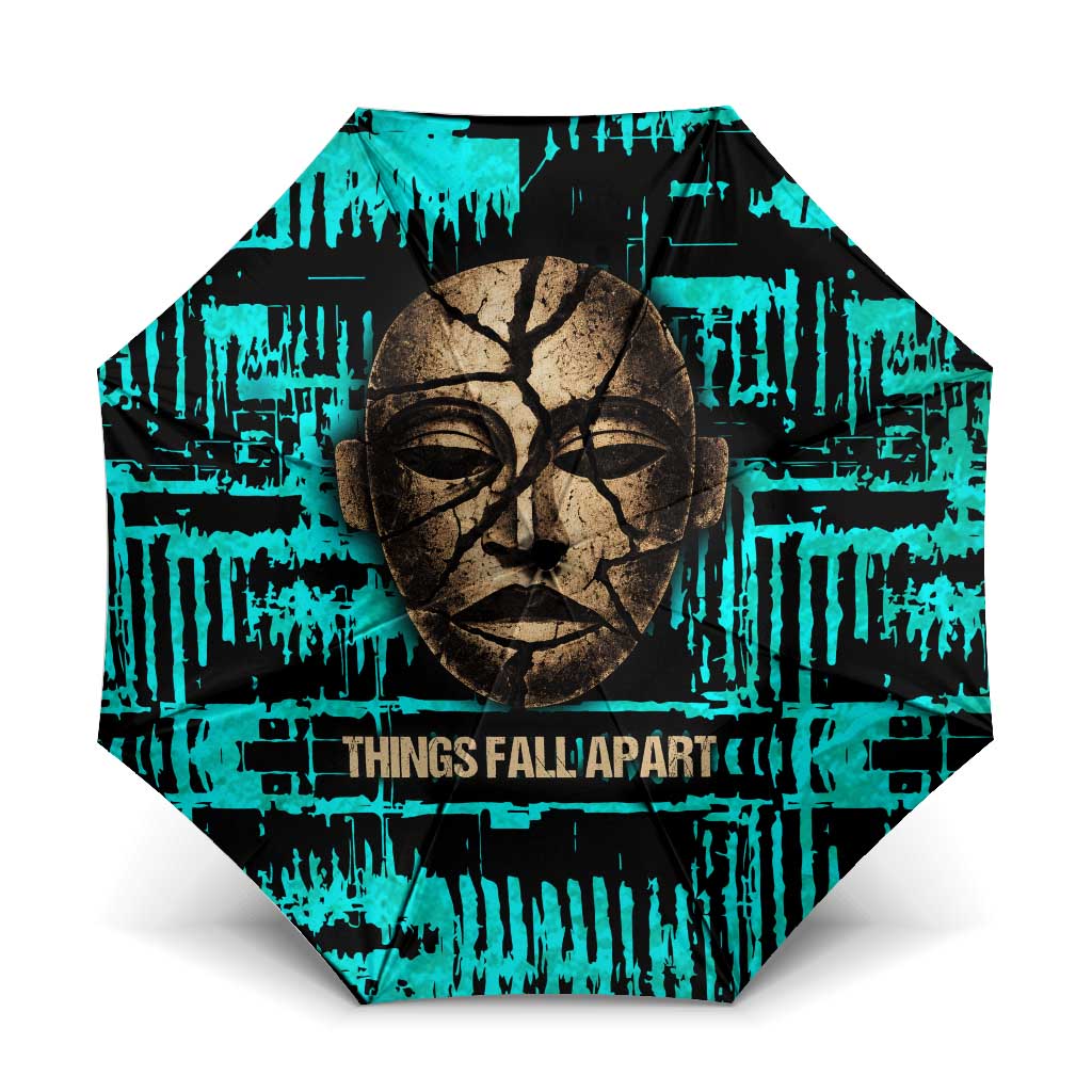 Chinua Achebe Umbrella with Tribal Mask Design, Things Fall Apart Quote and Teal Abstract - African Pride