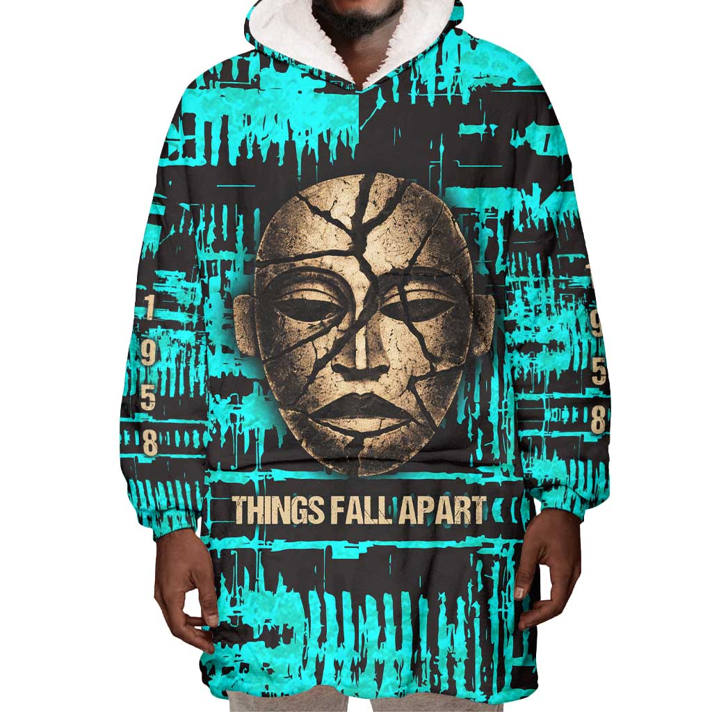Chinua Achebe Wearable Blanket Hoodie with Tribal Mask Design, Things Fall Apart Quote and Teal Abstract - African Pride