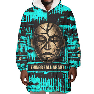 Chinua Achebe Wearable Blanket Hoodie with Tribal Mask Design, Things Fall Apart Quote and Teal Abstract - African Pride