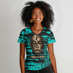 Chinua Achebe Women V-Neck T-Shirt with Tribal Mask Design, Things Fall Apart Quote and Teal Abstract - African Pride