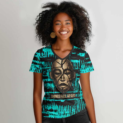 Chinua Achebe Women V-Neck T-Shirt with Tribal Mask Design, Things Fall Apart Quote and Teal Abstract - African Pride