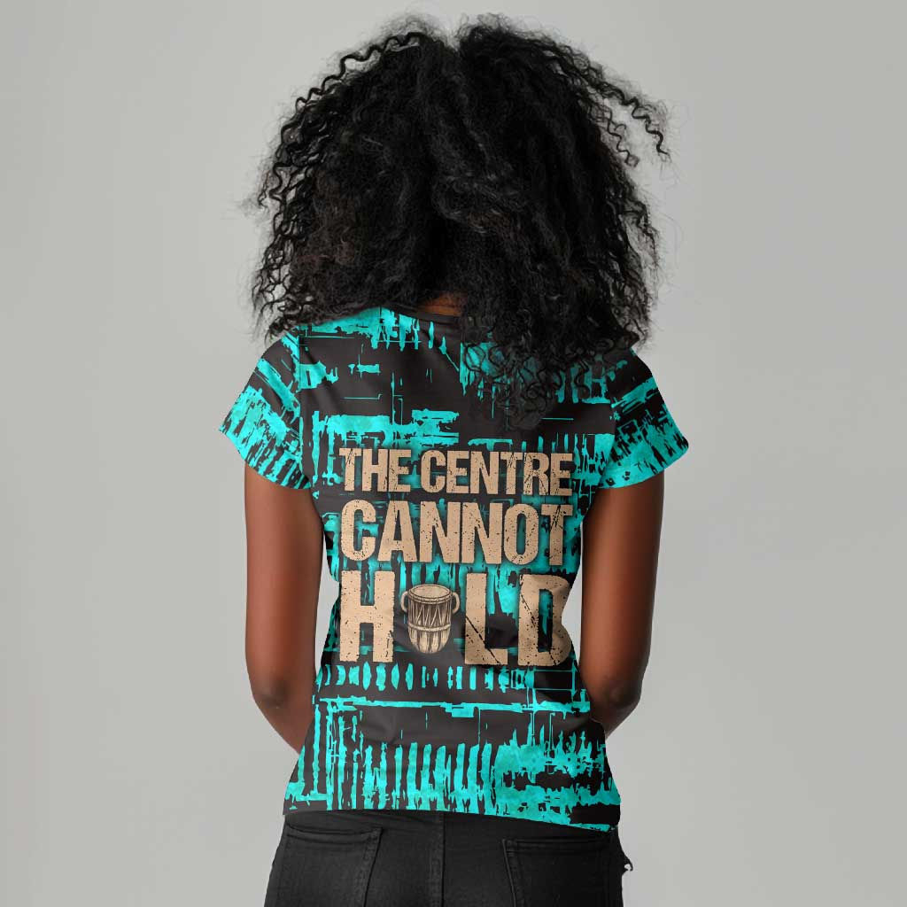 Chinua Achebe Women V-Neck T-Shirt with Tribal Mask Design, Things Fall Apart Quote and Teal Abstract - African Pride