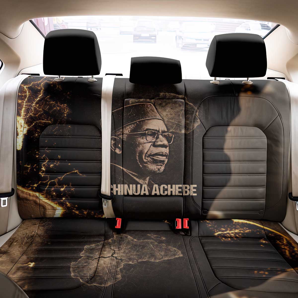 Chinua Achebe Back Car Seat Cover with Sepia Portrait, Lion Historians Quote and Vintage African Map - African Pride