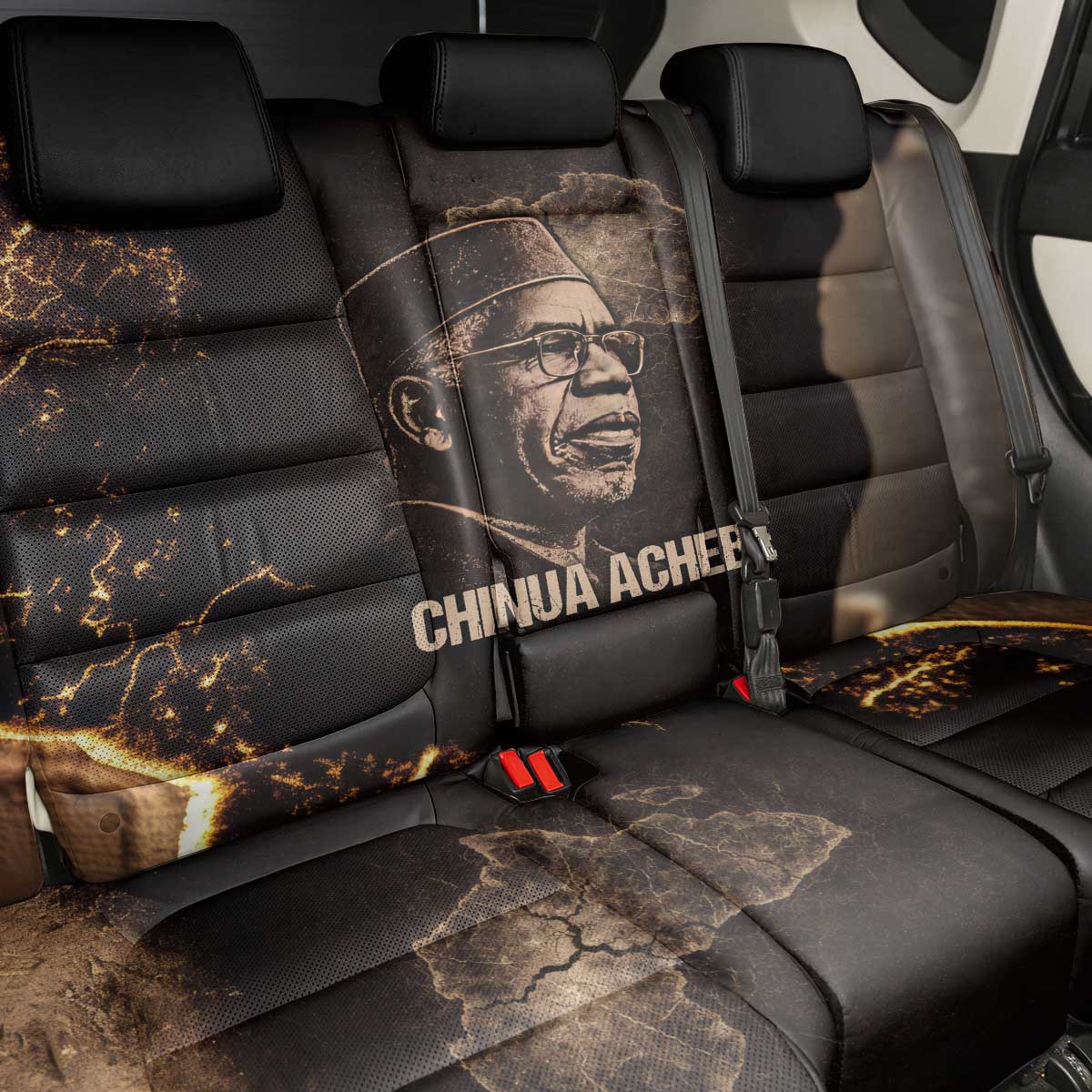 Chinua Achebe Back Car Seat Cover with Sepia Portrait, Lion Historians Quote and Vintage African Map - African Pride