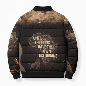 Chinua Achebe Bomber Puffer Jacket with Sepia Portrait, Lion Historians Quote and Vintage African Map - African Pride