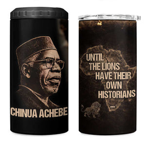 Chinua Achebe 4 in 1 Can Cooler Tumbler with Sepia Portrait, Lion Historians Quote and Vintage African Map - African Pride