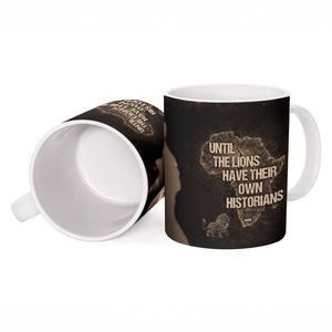 Chinua Achebe Ceramic Mug with Sepia Portrait, Lion Historians Quote and Vintage African Map - African Pride