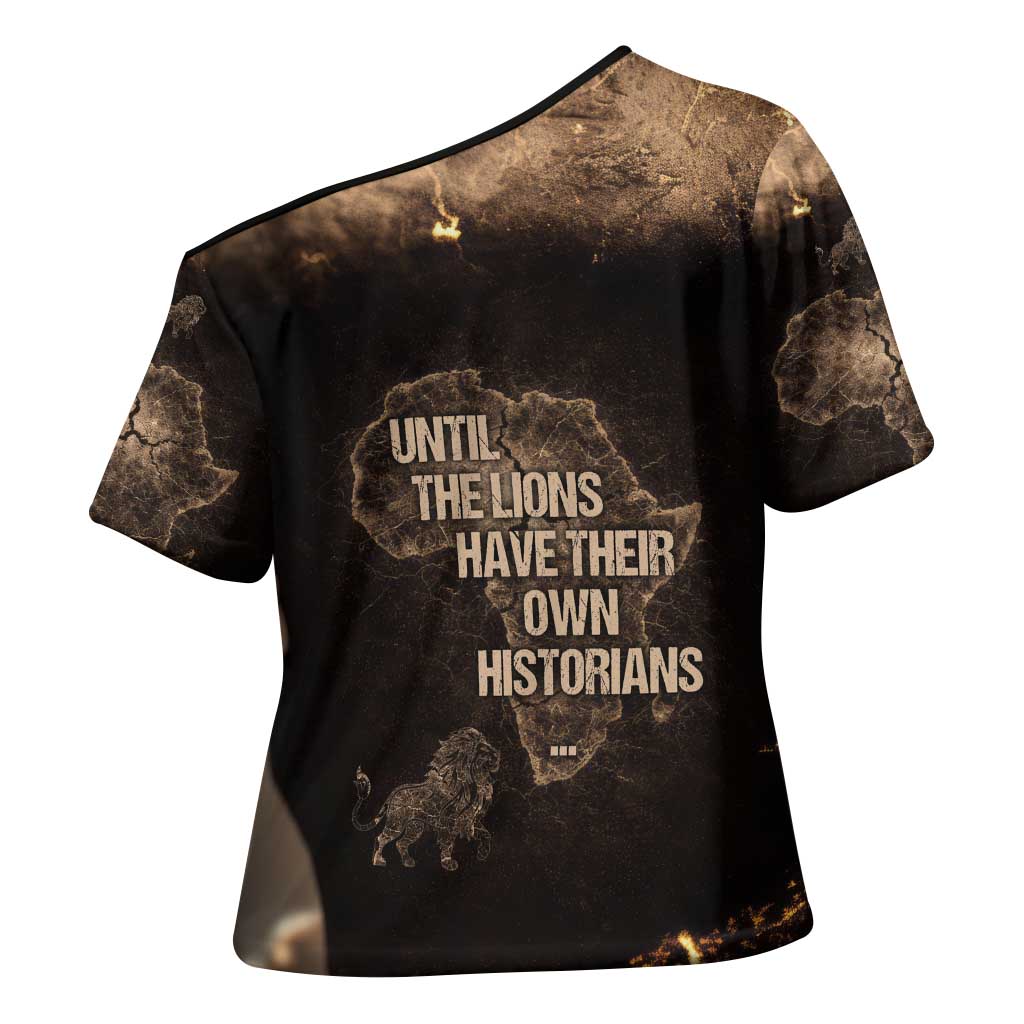 Chinua Achebe Cross Shoulder Shirt with Sepia Portrait, Lion Historians Quote and Vintage African Map - African Pride