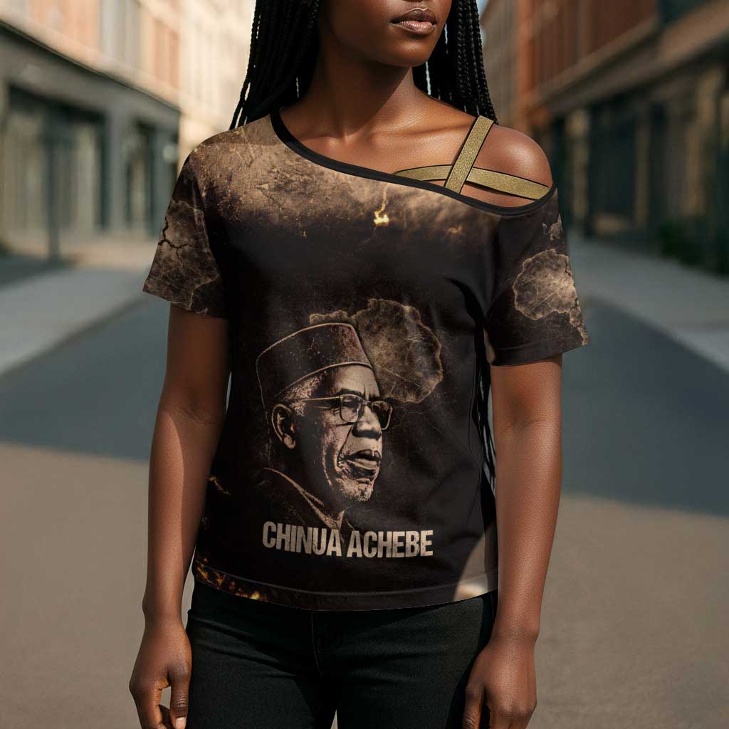 Chinua Achebe Cross Shoulder Shirt with Sepia Portrait, Lion Historians Quote and Vintage African Map - African Pride