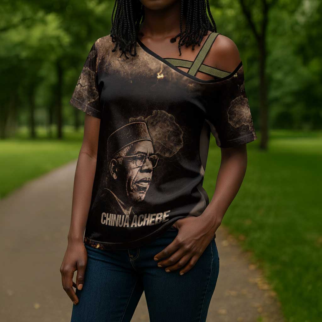 Chinua Achebe Cross Shoulder Shirt with Sepia Portrait, Lion Historians Quote and Vintage African Map - African Pride