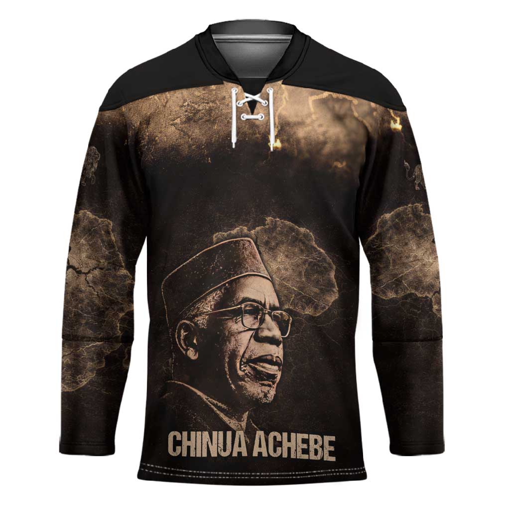 Chinua Achebe Hockey Jersey with Sepia Portrait, Lion Historians Quote and Vintage African Map - African Pride