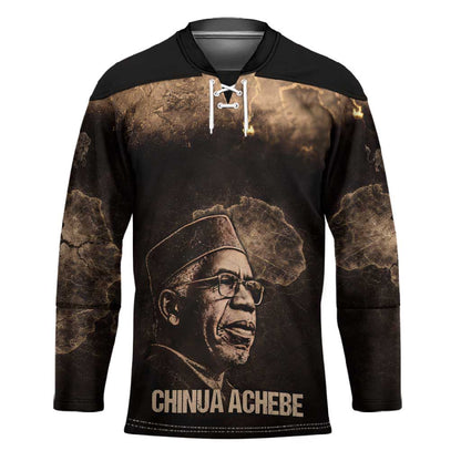 Chinua Achebe Hockey Jersey with Sepia Portrait, Lion Historians Quote and Vintage African Map - African Pride