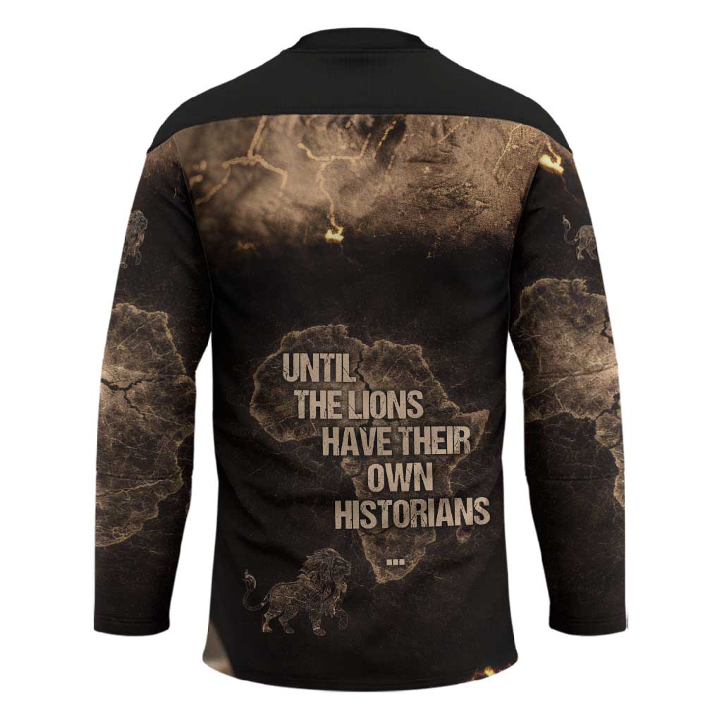 Chinua Achebe Hockey Jersey with Sepia Portrait, Lion Historians Quote and Vintage African Map - African Pride