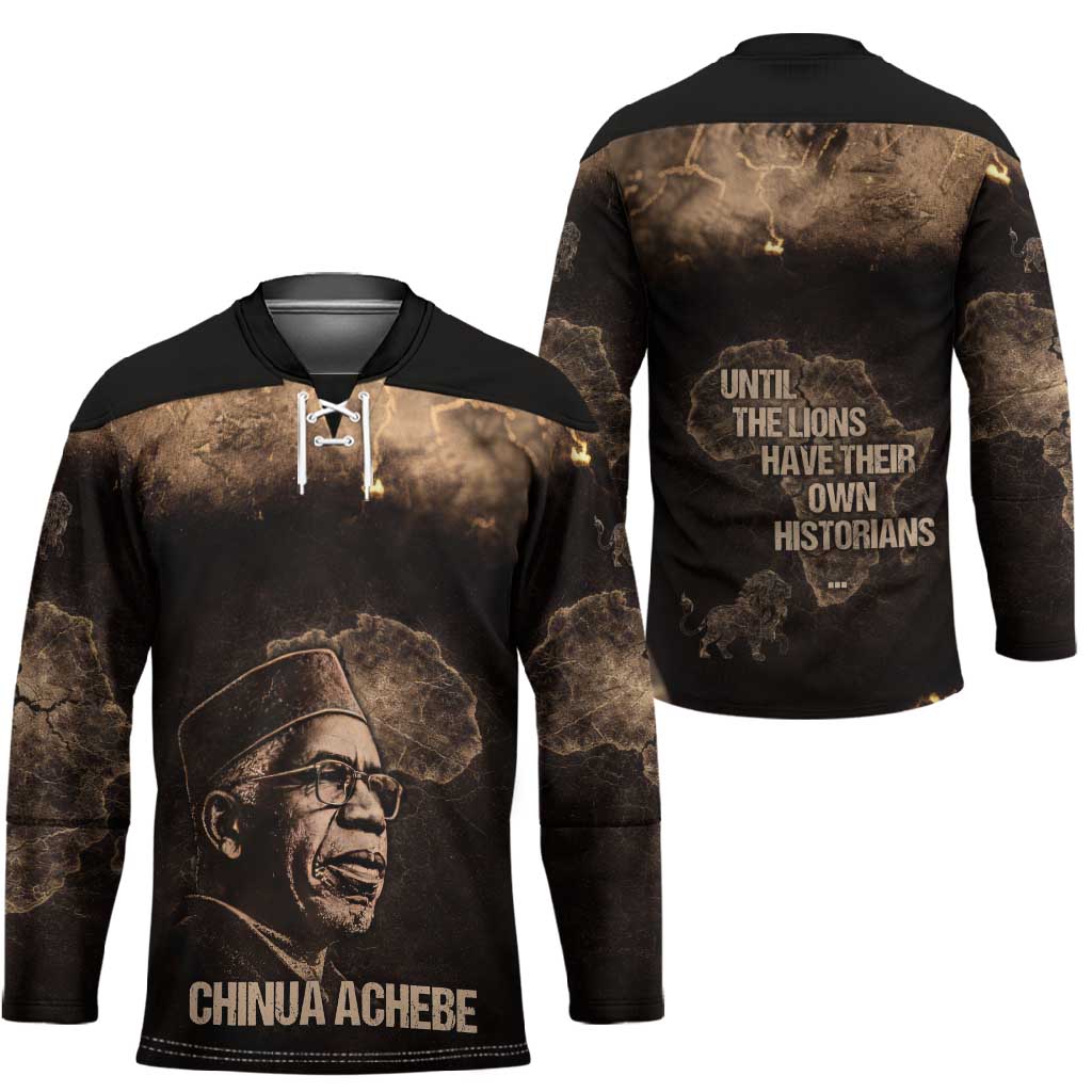 Chinua Achebe Hockey Jersey with Sepia Portrait, Lion Historians Quote and Vintage African Map - African Pride