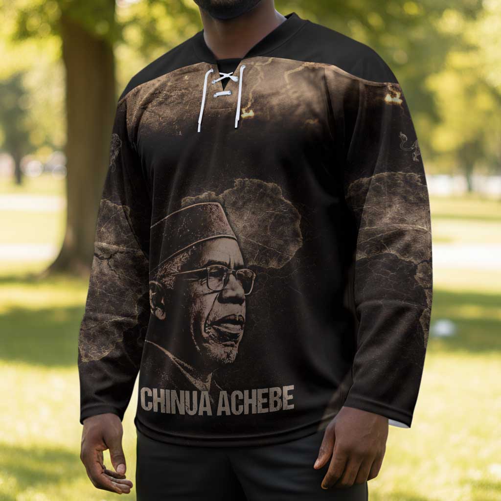 Chinua Achebe Hockey Jersey with Sepia Portrait, Lion Historians Quote and Vintage African Map - African Pride