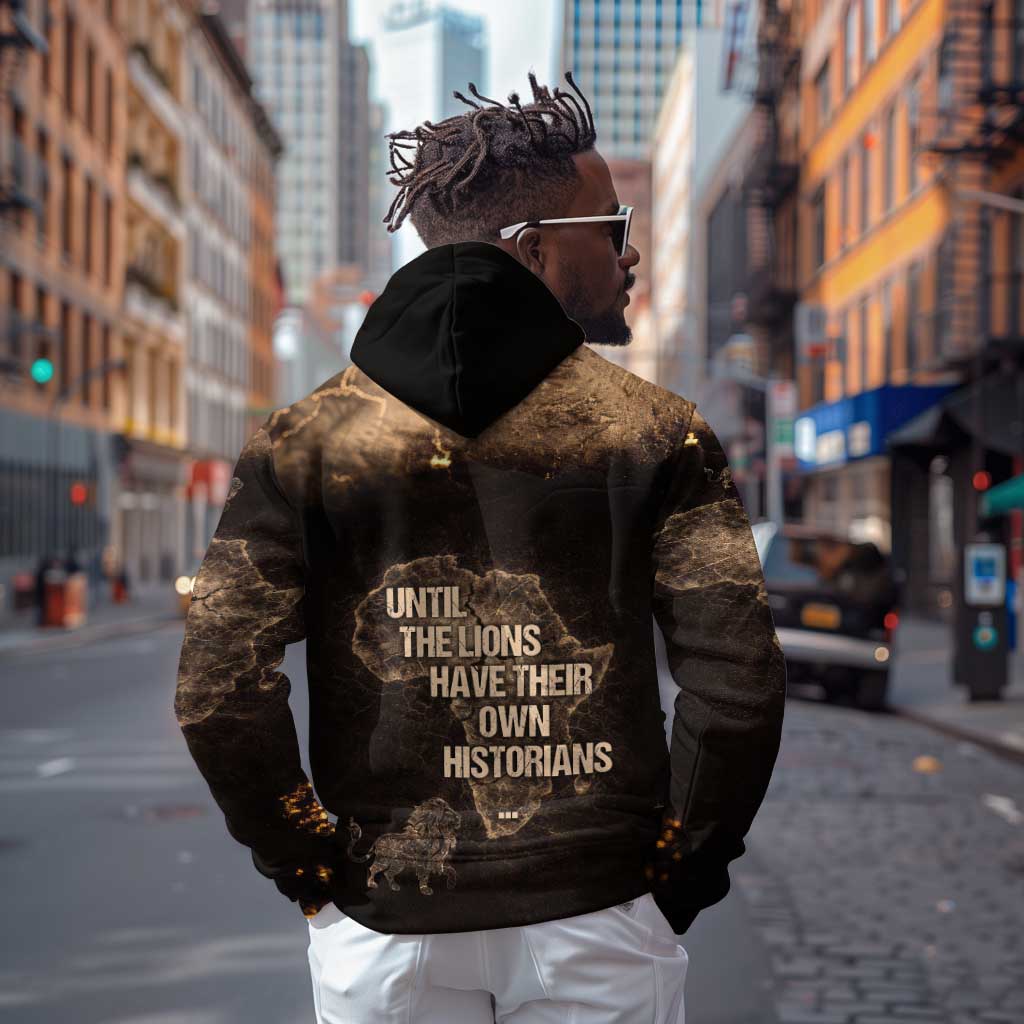 Chinua Achebe Hoodie with Sepia Portrait, Lion Historians Quote and Vintage African Map - African Pride