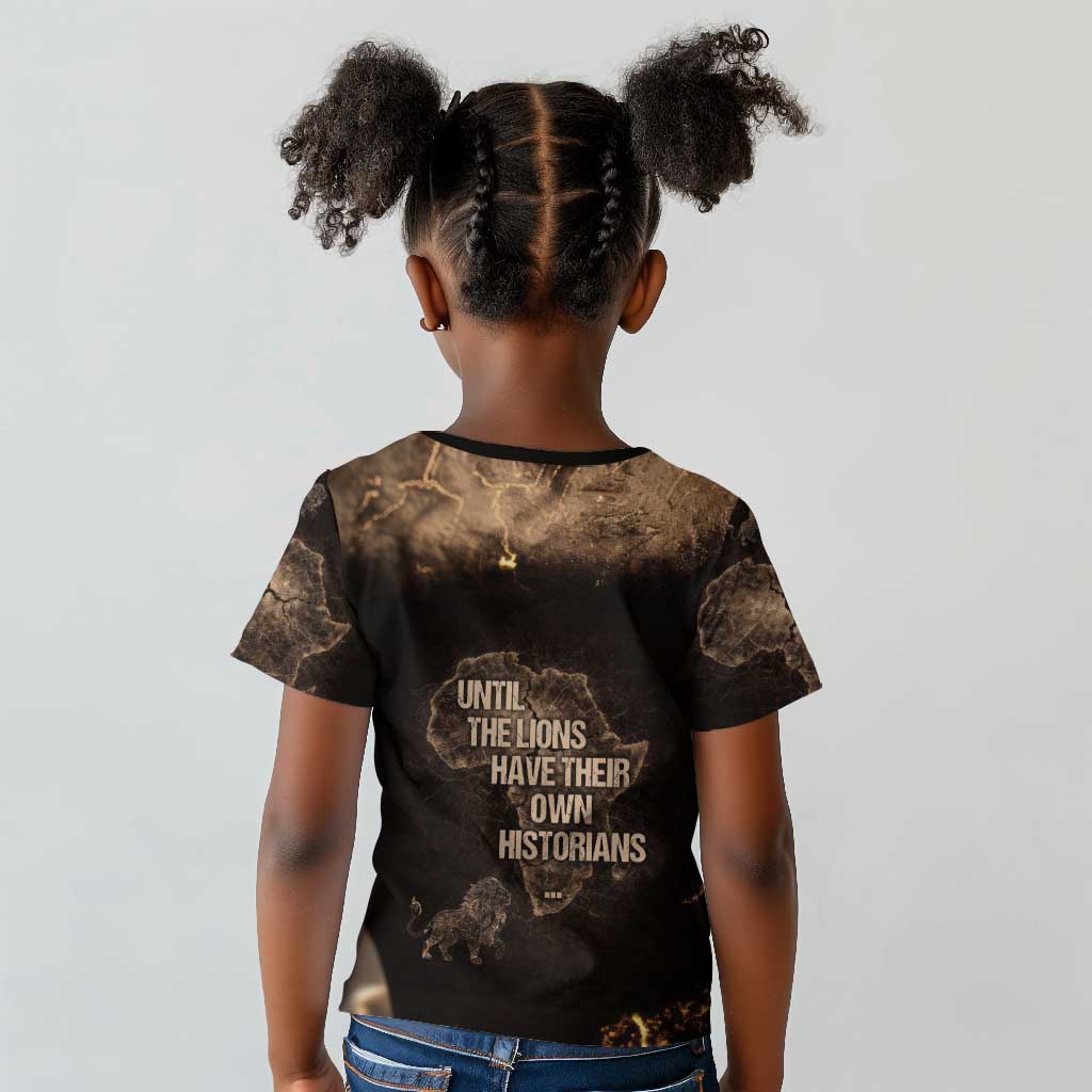 Chinua Achebe Kid T shirt with Sepia Portrait, Lion Historians Quote and Vintage African Map - African Pride