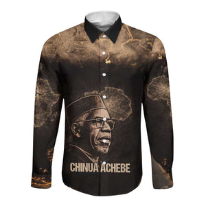 Chinua Achebe Long Sleeve Button Shirt with Sepia Portrait, Lion Historians Quote and Vintage African Map - African Pride