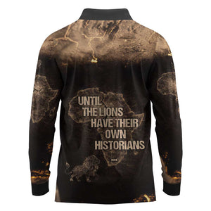 Chinua Achebe Long Sleeve Polo Shirt with Sepia Portrait, Lion Historians Quote and Vintage African Map - African Pride