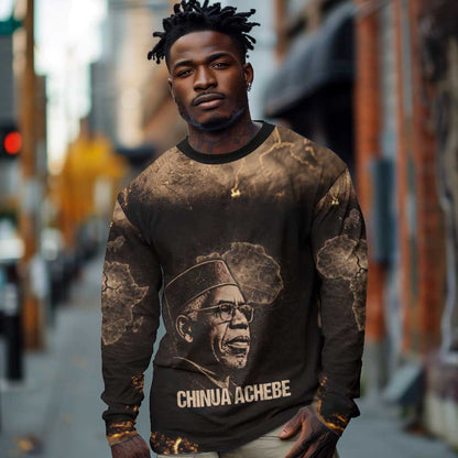 Chinua Achebe Long Sleeve Shirt with Sepia Portrait, Lion Historians Quote and Vintage African Map - African Pride